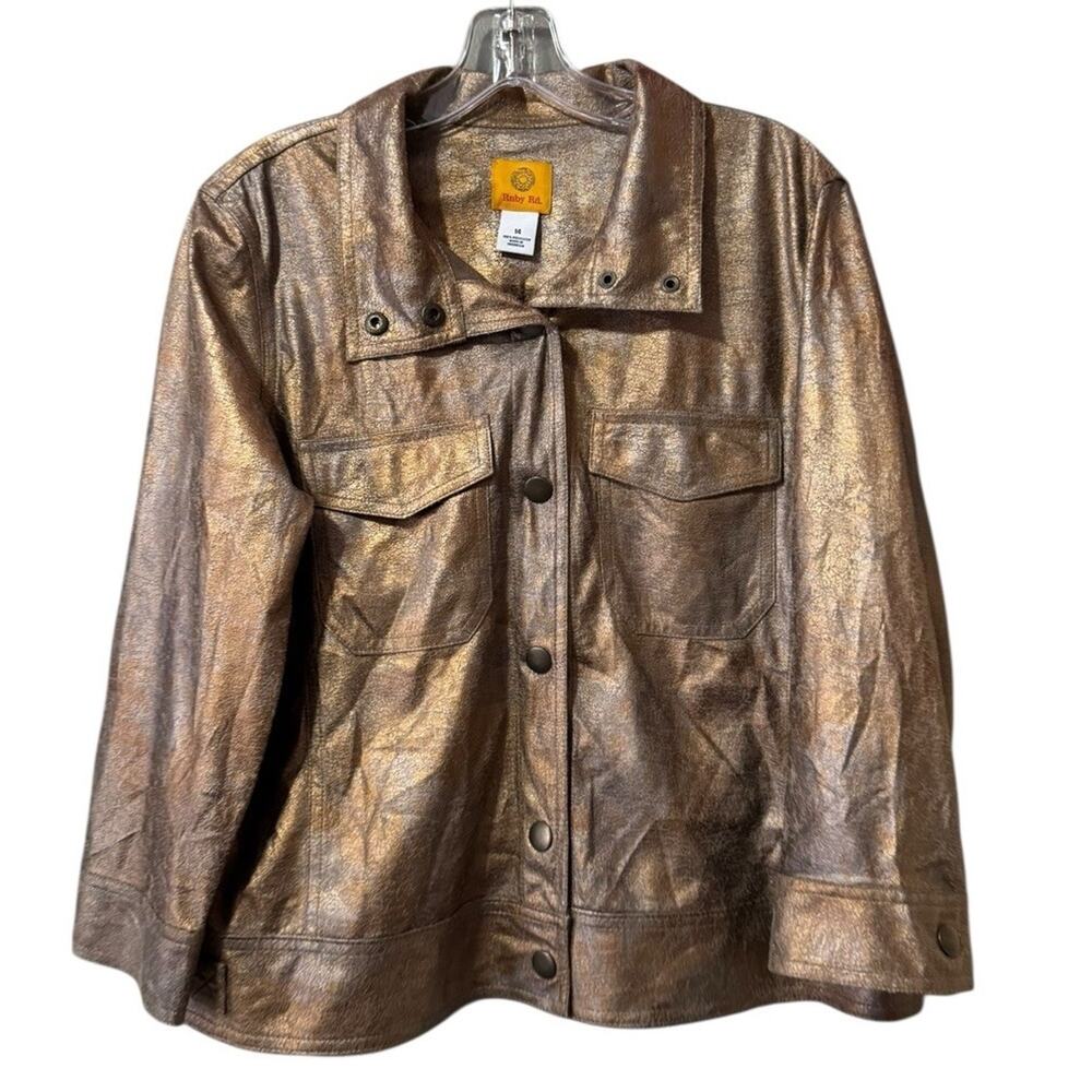 Ruby Rd. Woman Metallic Gold Size 14 Button Down Jacket Long Sleeve Polyester